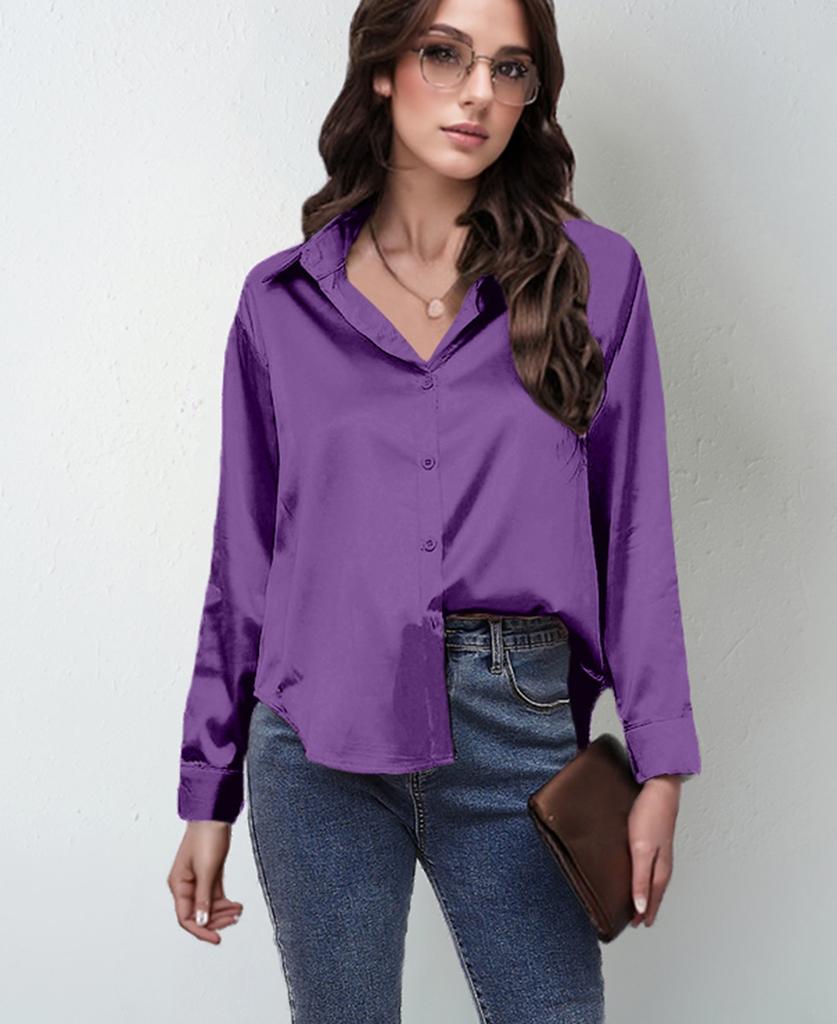 Women's Long Sleeve Silk Feeling Shirt Wrap Knot Casual Blouse