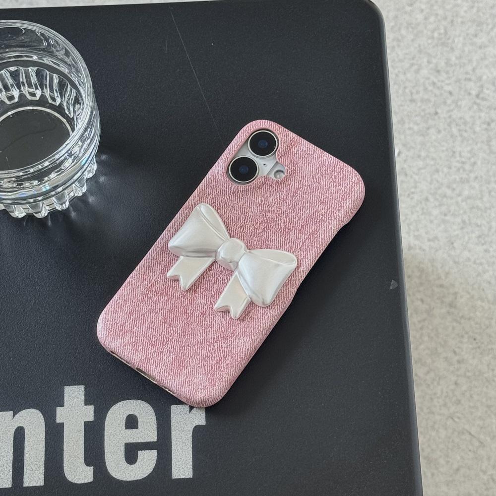 Korean INS Pink Denim Texture 3D Cute Bowknots Chic Phone Case for IPhone 16 15 14 Pro Max 13 Shockproof Stylish Girl Cover