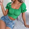 GMXIA Women's Fashion Casual Solid Color Print Short Sleeve Square Collar Blouses & Shirts Slim Lace-up Chiffon Crop Top