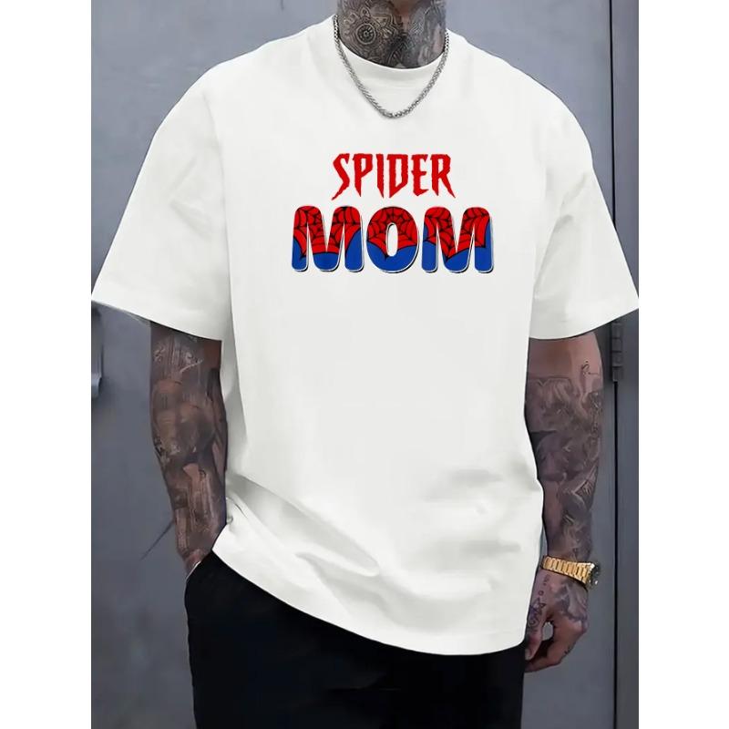 European sizes Men'S Casual Summer T-Shirt - "Spider Mom" Graphic, Short Sleeve, Round Neck, Knit Fabric, Outdoor Activity Wear