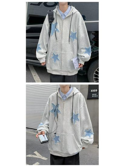 Amerikanischer Retro Stern Patch Kapuzenpullover - Samtgefüttert, Locker sitzende lässige Strickjacke für Herbst und Winter