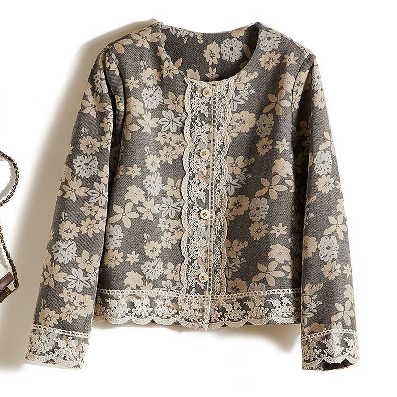 

New Technology New Gray Printing Single-Breasted Ramie Cotton round Neck Long Sleeves Outwear Female Spring & Fall Chinese Tops Strong Push Gray 2XL