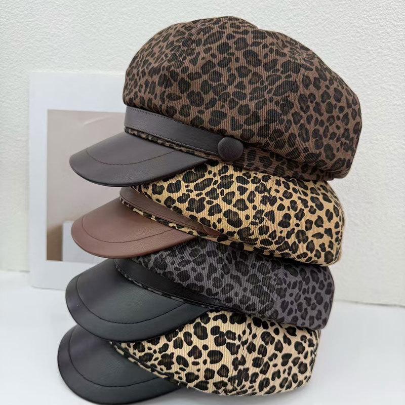 Retro Leopard Print Beret For Children, Spring And Autumn Fashion Painter, Octagonal Hat, Leather Brim, Newsboy Hat
