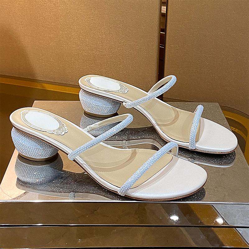 Fashion Round Heel Sandals 2025 Summer Women's New Rhinestone One Word with Fairy Style Egg Heel Fashion Sandals