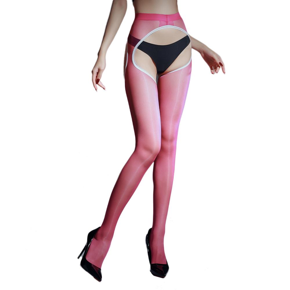 Collants Sexy pour Femmes 1D Fins Ouverts Grande Entrejambe Collants Hautement Élastiques Huileux Brillant Lustré Transparents Bas de Servante