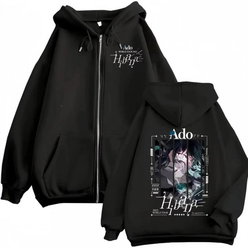 Ado Hibana World Tour Zipper Hoodie Womens Harajuku Style Oversized Print Sweatshirt Black White Gray