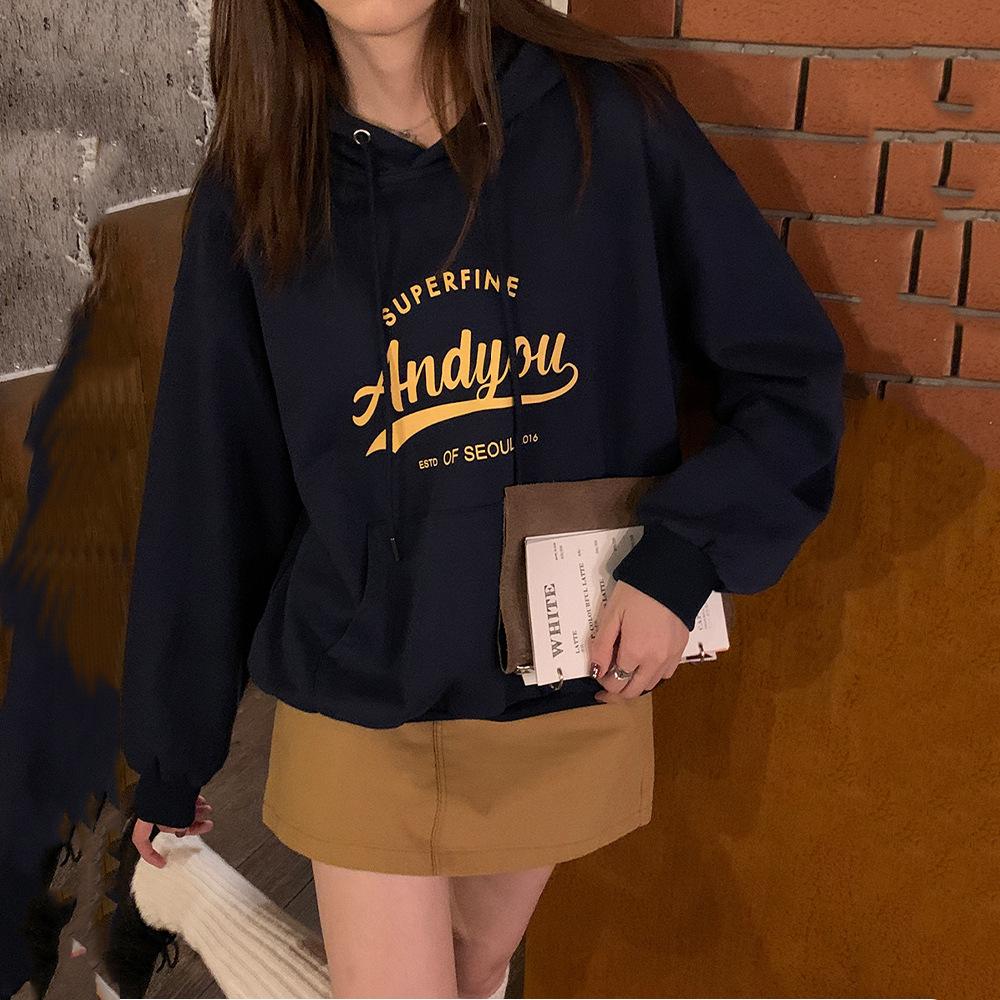 Padded Even The Cap Sweater Hooded Sweatshirt Female Autumn and Winter Loose Letter Printed Student Jacket Long Sleeve Top Retro Versatile Sweatshirt