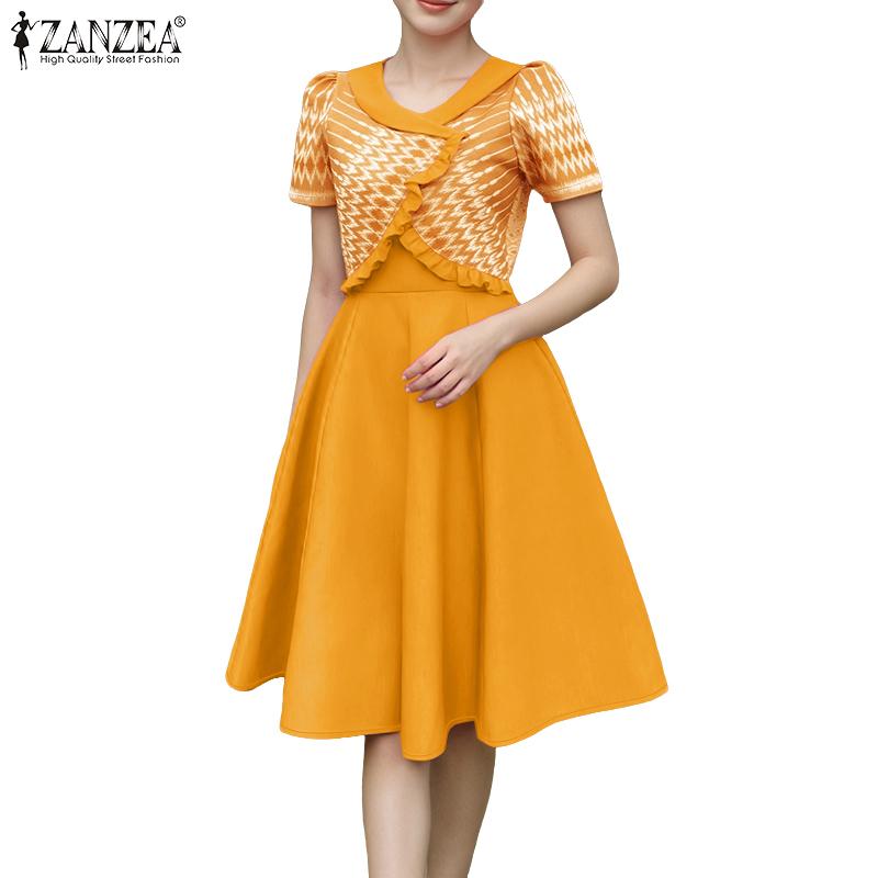 ZANZEA Women Casual V-Neck Summer Short Sleeve Print Dress