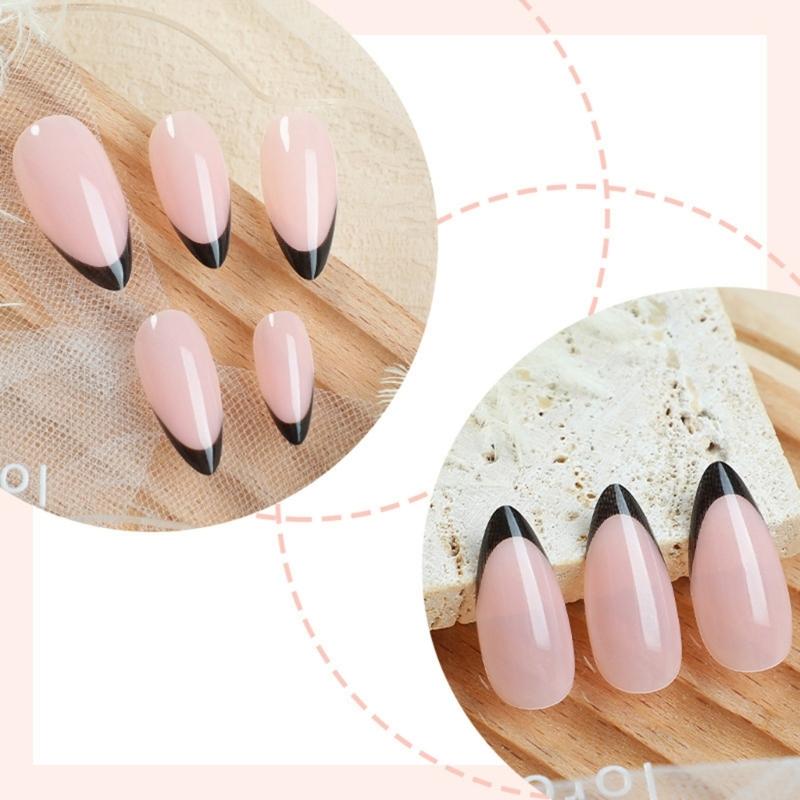 24 Pcs Short Almond Acrylic Nail Simple Full Cover Stick On Nail French Tip Press On Nail Simple False Nail