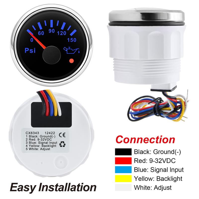 Wasserdichter Auto 2"52mm Öldruckanzeige+Sensor 7 Farben LED 0~150PSI Öldruckmesser mit Blitzalarm Boot Yacht 12V24V