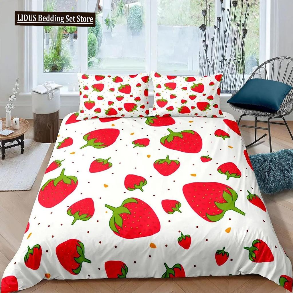 Strawberry Duvet Cover Set Girl King Size Comforter Cover Set Red Strawberry Bedding Set Food Fruit Quilt Cover For Kids Gift