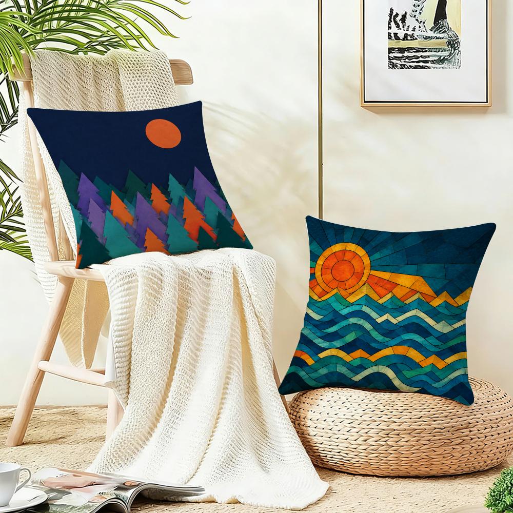 Geometric Landscape Art Cushion Cover Case Antidustmite Pillowcase Invisible Zipper Silky Short Plush Sofa Cushion Cover