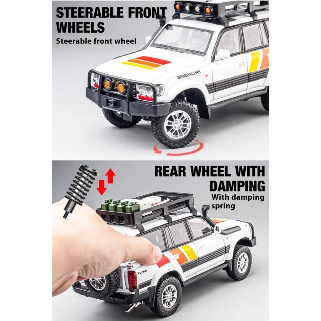 1/24 Scale Toyota FJ Cruiser Camper Alloy Model, Cool Sound and Light, Can Be Opened In Many Places In The Car Body, Four-wheel Shock Absorber