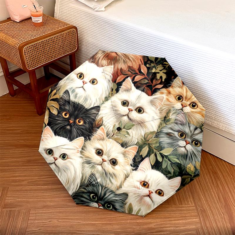 Persian Cat and Plant pattern, automatic folding umbrella, portable and foldable design, 8 ribs, a Christmas or birthday gift.