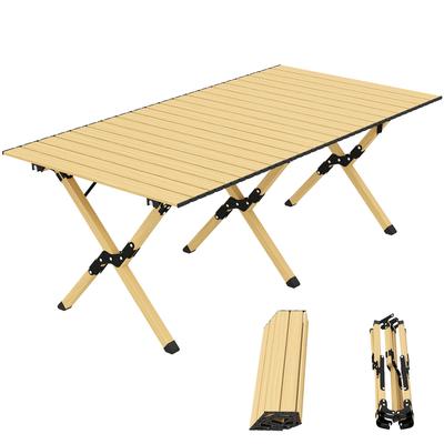Camping Table 117 X 60 Cm Aluminum Folding Table with Roll-up Tabletop Wood-look Carrying Bag Waterproof