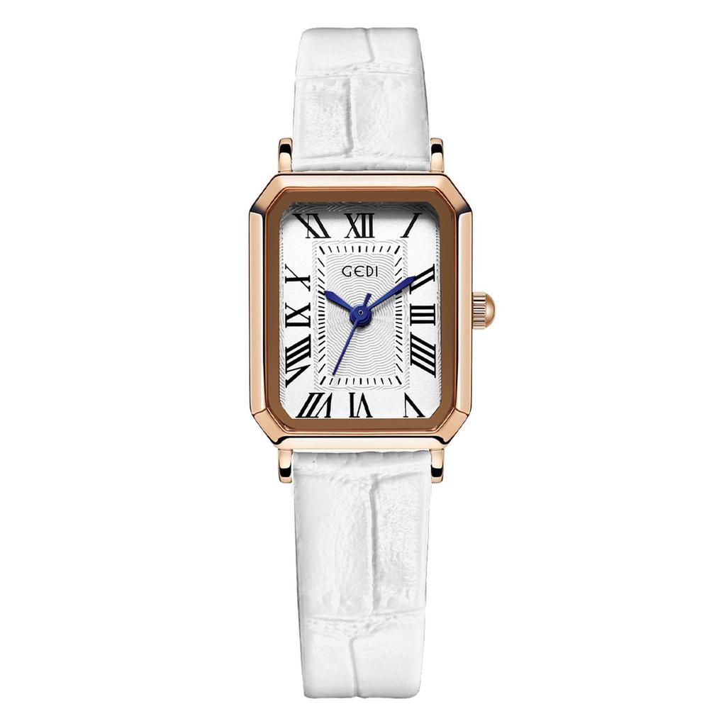 Gedi Women's Gold Square Retro Roman Numeral Leather Strap Quartz Watch – Artistic Daily Gift