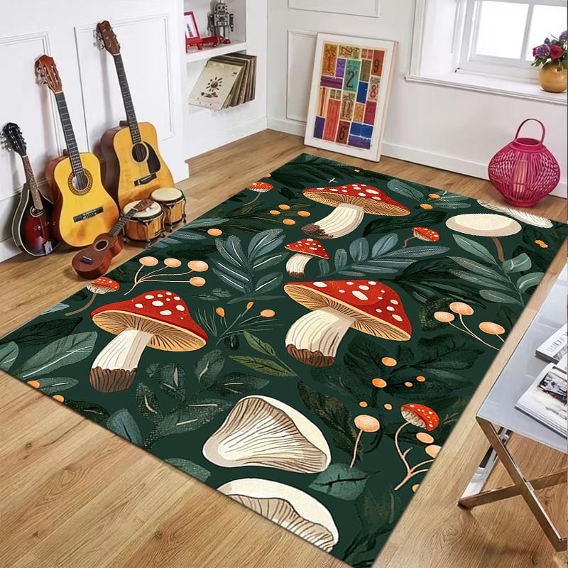Black Forest Mushroom Flowers Pattern Carpet Mat Rug Nature Leaf Print Vintage Art Floor Mat Non-slip Living Room Bedroom Decor