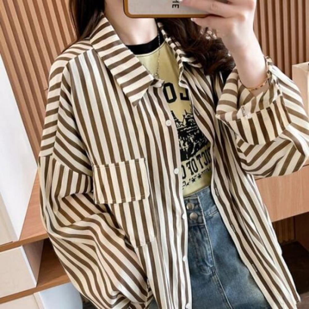 Navava Women Casual Thin Stripe Long Sleeve Shirt Nb2848