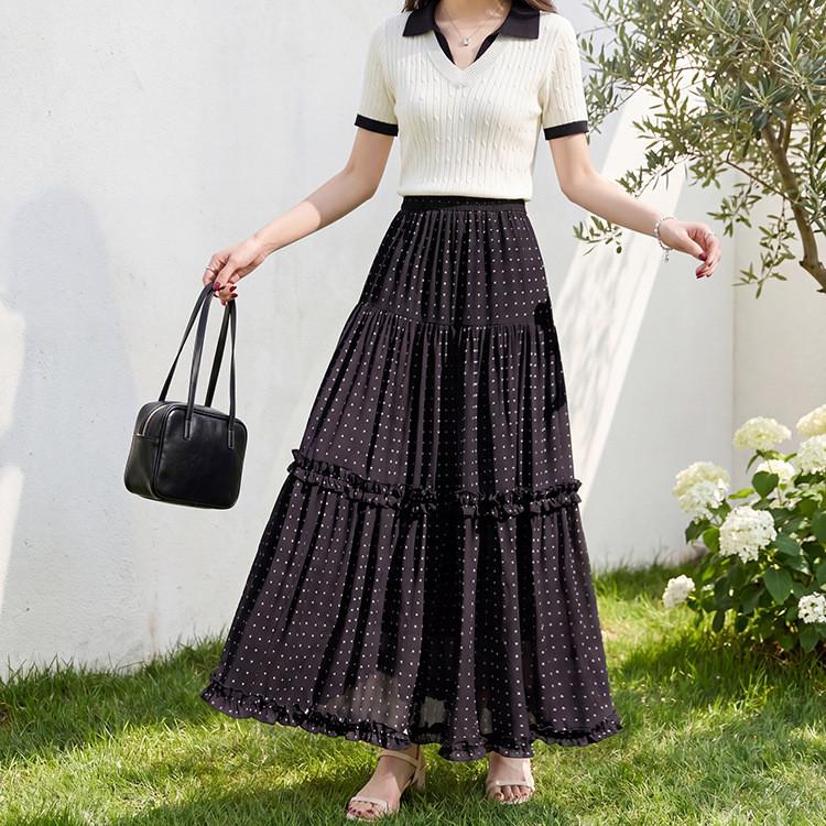 Qooth Polka Dot Print Ruffle Hem Full Flare A-Line Midi Skirt Fashion Versatile Half Skirt for Women QT2915