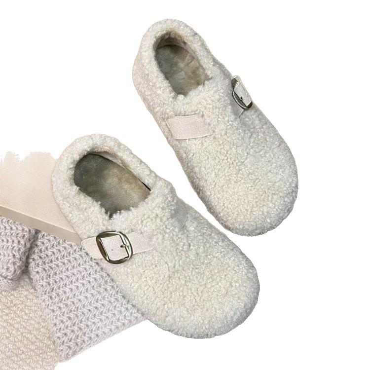 Retro Fluffy Shoes for Women's 2025 Winter New Outer Cotton Shoes, One Pedal Thick-soled Velvet Warm Boken Loafers