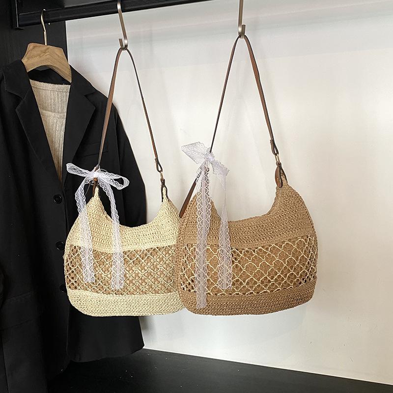 Yogodlns Women Hollow Shoulder Bag Large Capacity Straw Weaving Travel Handbag Adjustable Strap Shopper Tote Bag