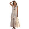 Women's Linen Blend Maxi Dress V Neck Sleeveless Tiered Loose Fit Casual Summer Dress