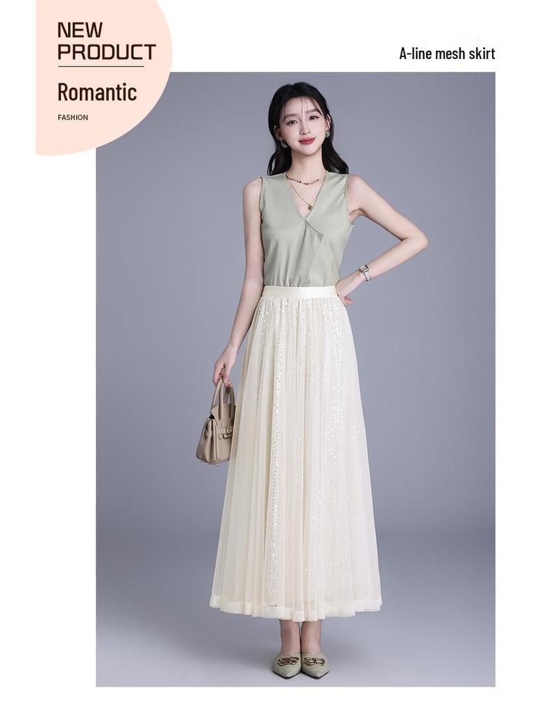 Spring 2026 Sequin Mesh A-line Midi Skirt - Slimming, Drapey, Fashionable, Casual Wear