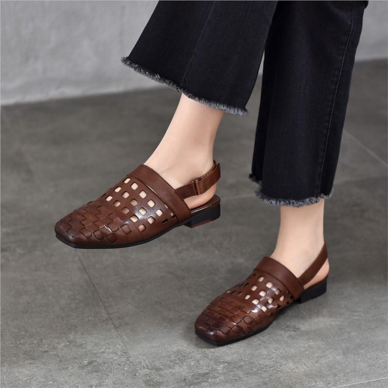Johnature Real Leather Low Heel Sandals Woven Hollow Out Versatile Square Toe Commuting Women's Shoes