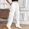 Women Cargo Pants Elastic Waist Adjustable Drawstring Straight Wide Leg Trousers Solid Color Sport Long Pants