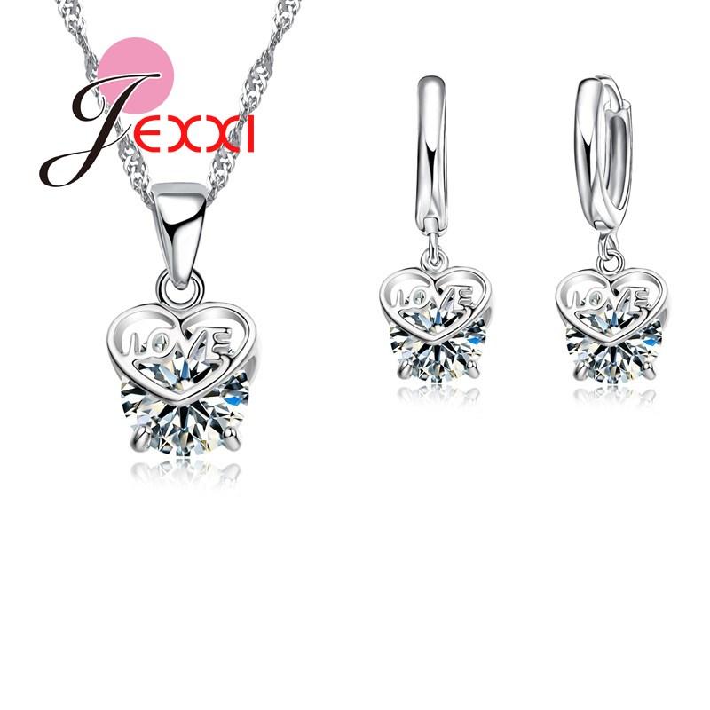 Fashion Women Romantic Heart Love Design Silver Color Chain Luxury Wedding Jewelry Sets Bridal Necklace Earrings Crystal Gift