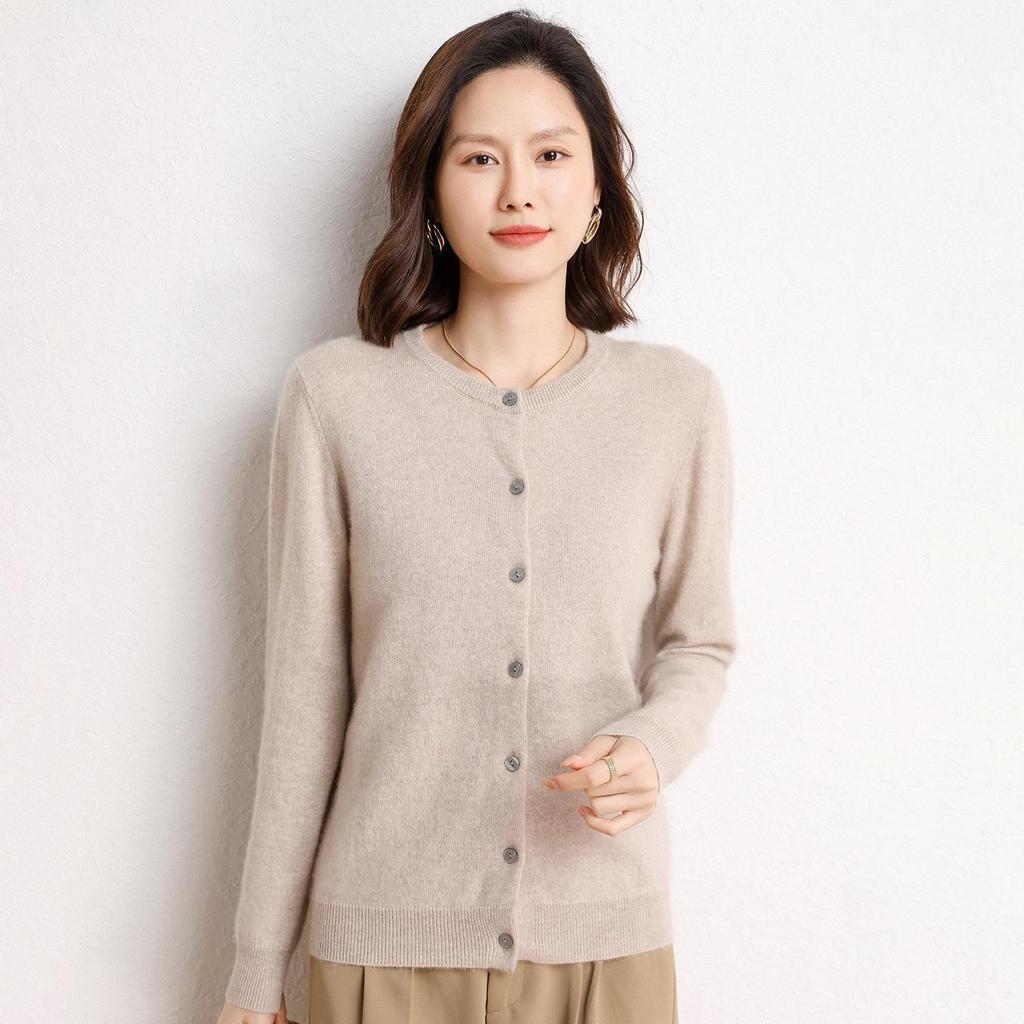 Women's Long Sleeve Cashmere Cardigan - Plain Round Neck Knitwear for Autumn/Winter