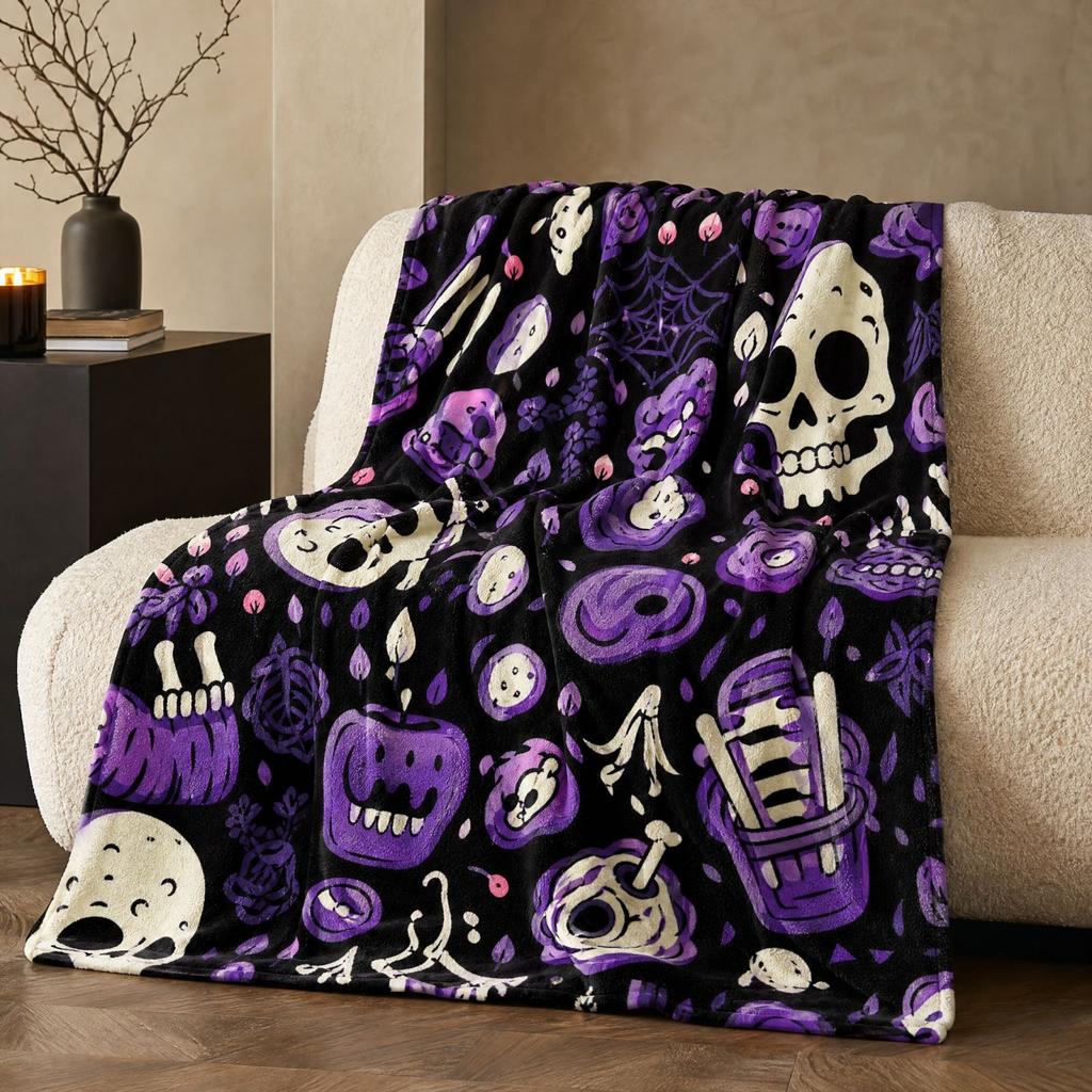 Stylish Halloween Print Flannel Throw Blanket, Soft Warm Nap Blanket for Sofa and -Conditioned Rooms, 100 150 cm, 230g, 5