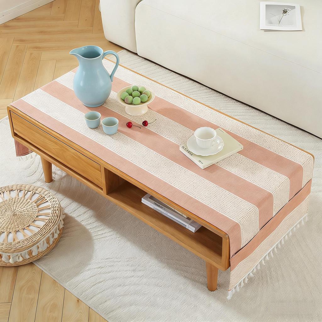 Machine Washable Cotton Linen Tassel Coffee Table Tablecloth with Pockets