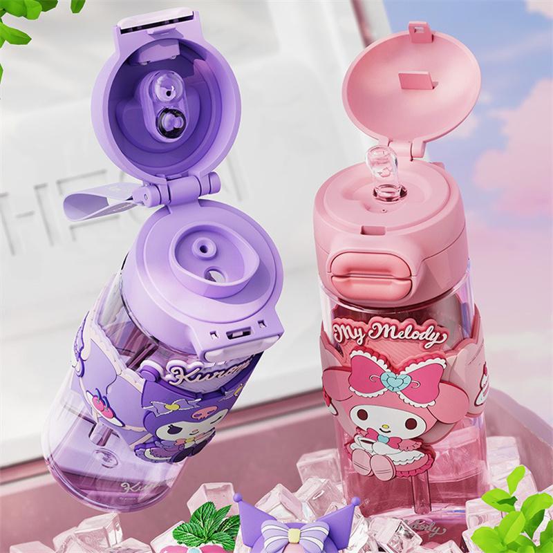 X&W 630ml Tritan Water Bottle Cartoon Kuromi/My Melody Straw Water Cup Leak-proof Double-drinking Mug with Cup Sleeve Kid's Gift