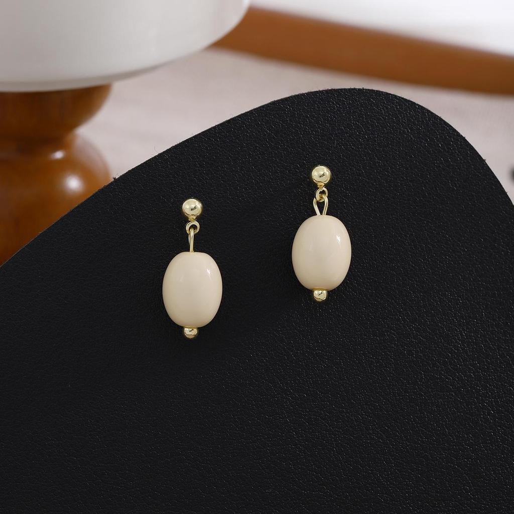 Silver Needle Minimalist Milky White Bean-Shaped Geometric Oval Earrings for Women