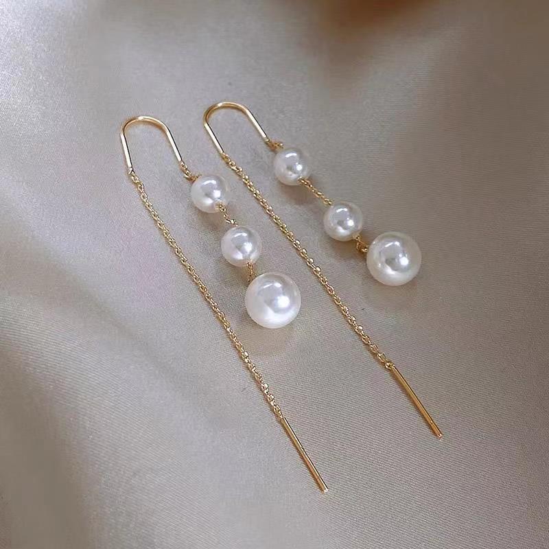 Korean Elegant Imitation Pearl Long Dangle Earrings for Women Temperament Crystal Tassel Earring Bride Wedding Jewelry Wholesale