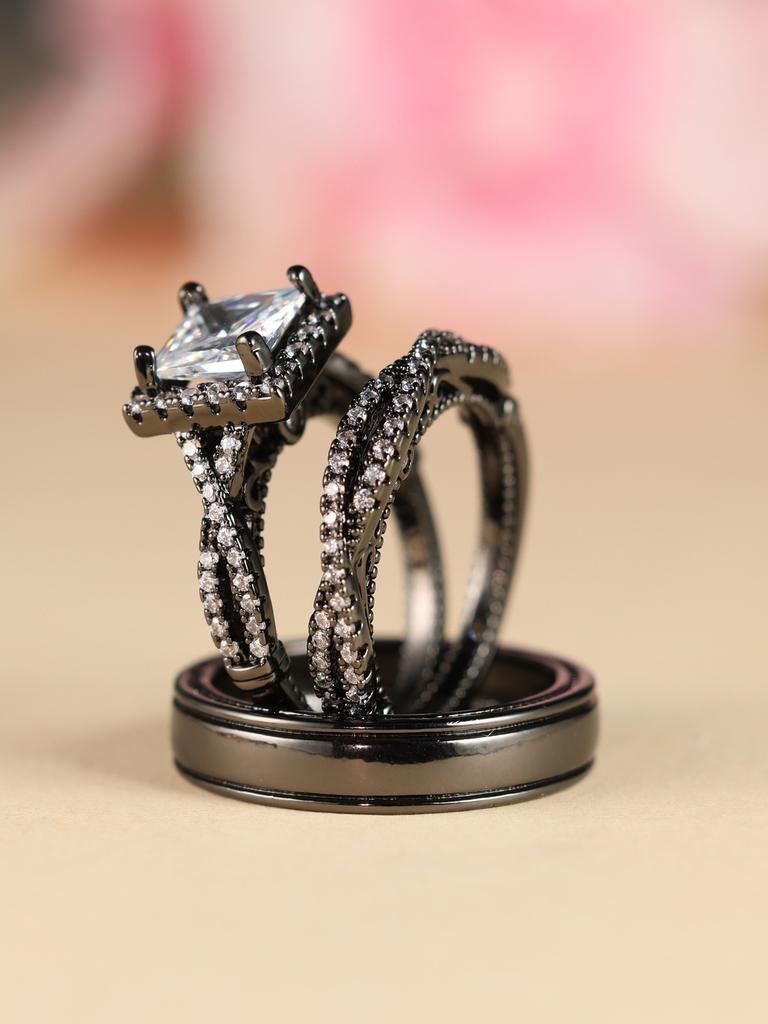 Rose Gold Three Piece Ring Set with Diamonds, Zirconia, Full Diamond, Female Pair Ring, Male Ring