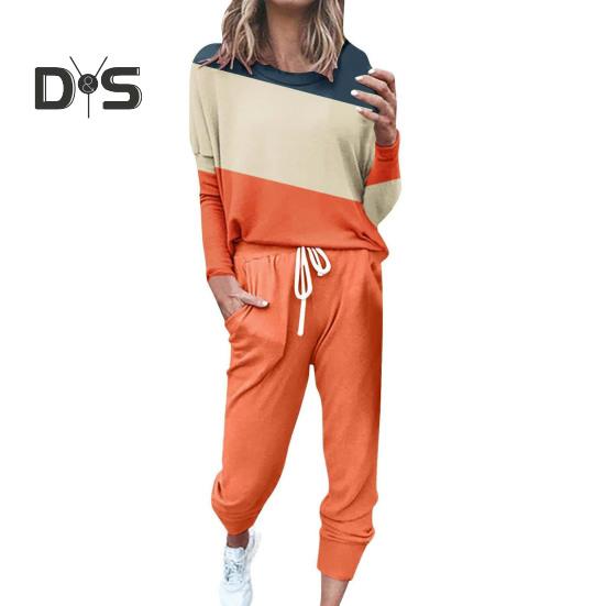 2 Pcs/Set Women Top Pants Suit Round Neck Long Sleeves Colorblock Sport Sweatshirt Drawstring Elastic Waist Trousers Fitness Outfit Fall Spring