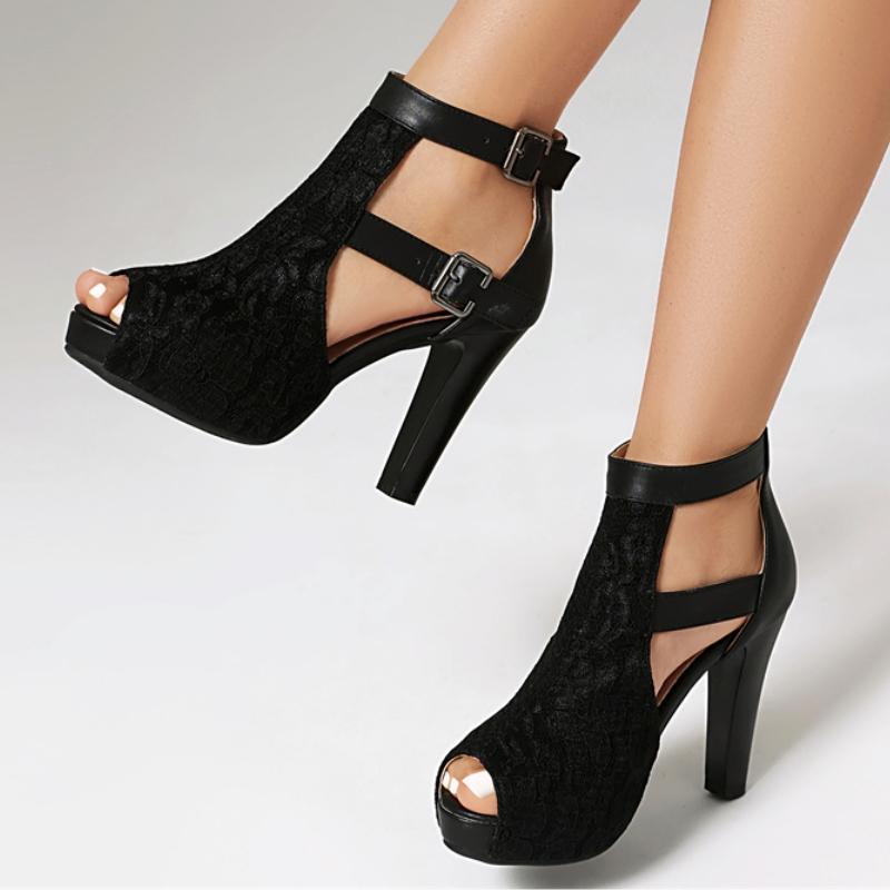 Peep Toe Women's Sandals Summer Shoes 2025 Buckle Cut-outs Black Lace High Heels Gladiator Party Dance Shoes Large Size
