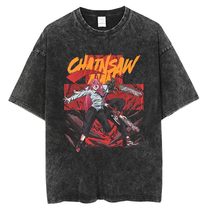 Chainsaw Man Power & Cat Blood Splatter Vintage Washed Anime T-Shirt, Unisex Manga Fan Streetwear Tee, 100% Cotton Casual Short Sleeve Top