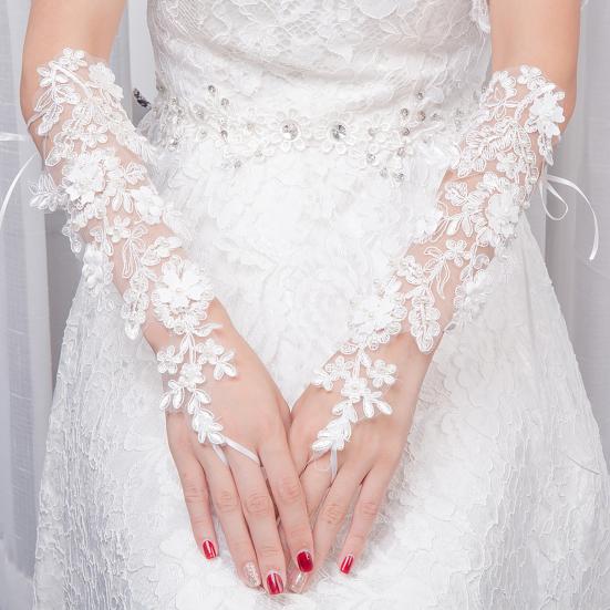 Luvas Longas de Renda Femininas Luvas de Noiva Sem Dedos com Alças para Dedos Pérolas Artificiais Elegantes Acessório de Luvas de Casamento para Chá da Tarde Baile Ópera Noite
