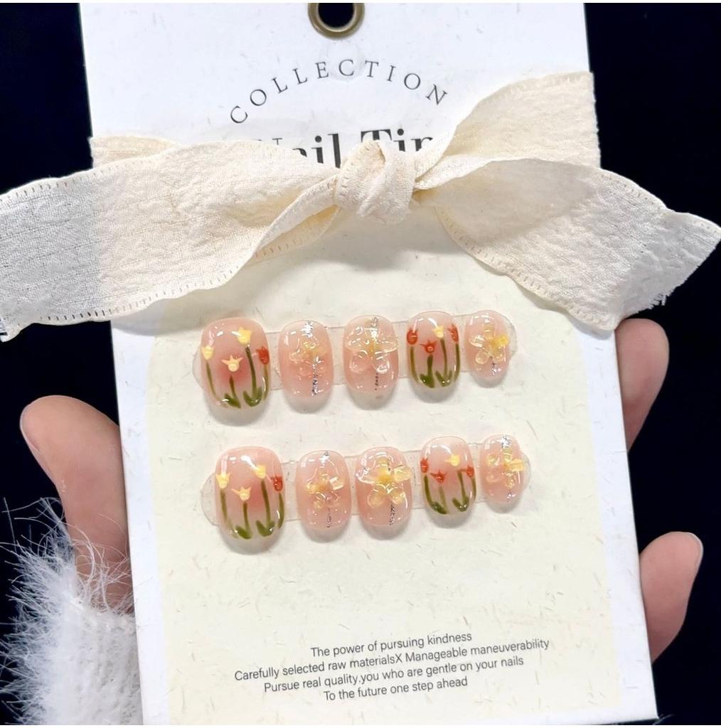 Ice Transparent Short Nude Flower Cute Milk Yellow Fresh Wearable Nail Sticker