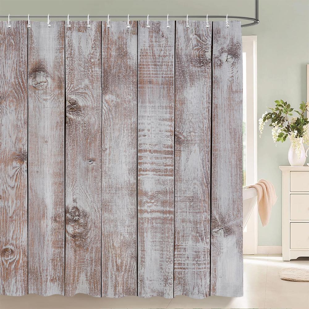 1Pcs Imitation Wood Grain Printed Fabric Waterproof Shower Curtain, Stripe Pattern Bathroom Decoration Curtain, With Hooks