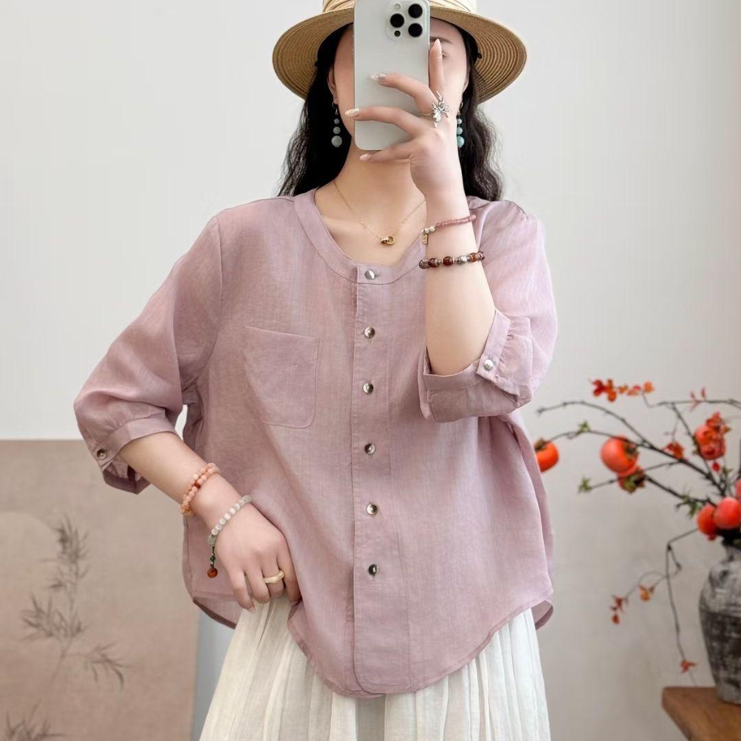 

Summer cotton and linen solid color short new fashion temperament casual versatile cardigan thin shirt shirt women s M фіолетовий