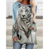 Dyr Tiger 3D-trykk Langermet T-skjorte Dame Mote Rund hals Løse Tunika Topper Dame Høstklær Femme Topper Y2k Stil