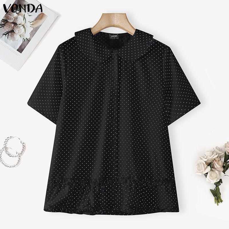 

VONDA Women Lapel Collar Casual Short Sleeve Polka Dots Print Blouse 2XL