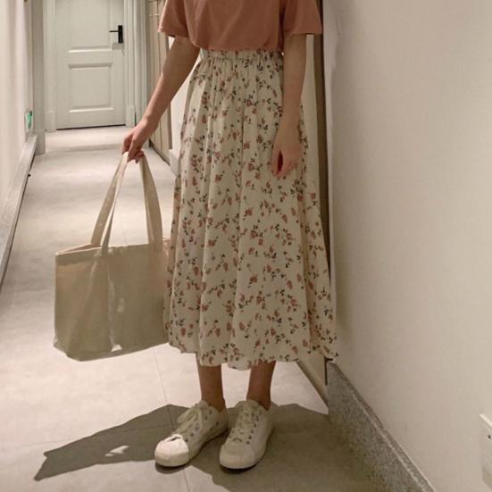 Fusta maxi pentru femei, cu talie elastica, cu talie mijlocie, cu imprimeu floral, cu linie A, fusta de vara, in stil padure.