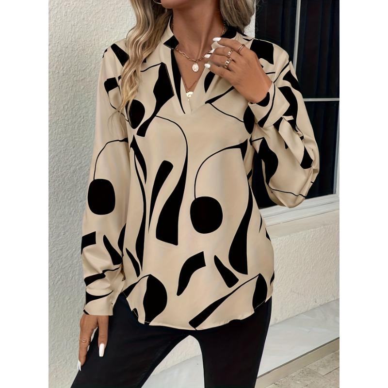 Europe And The United States Spring And Fall Geographic Pattern V-neck Shirt Casual Long-sleeved