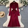 Celebrity niche high-end V-neck two-button long-sleeved waist-closed knitted dress women's autumn inner sweater long dress