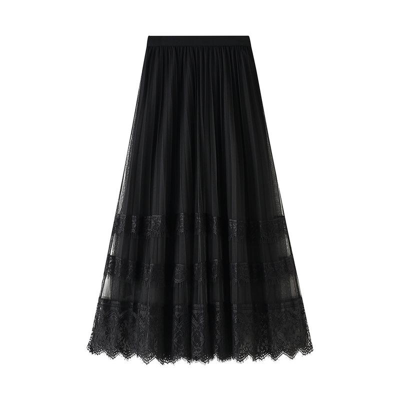 Korean Version of The High-waist Lace Stitching Mesh Skirt Women's Pleated Skirt A-line Mid-length Skirts